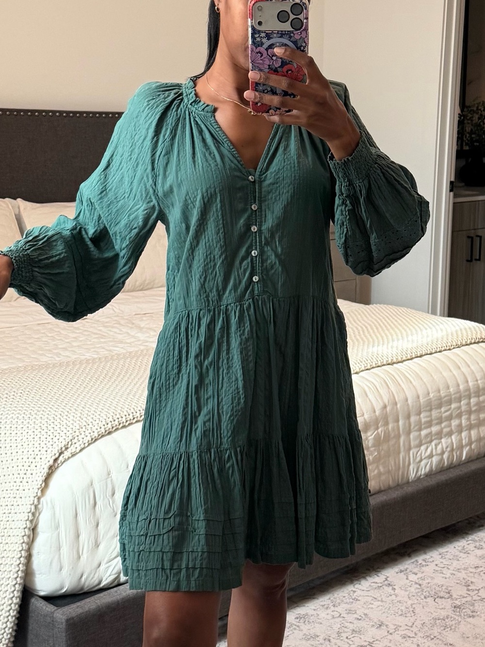 Anthropologie Forest Green Button-Front Tiered Mini Dress